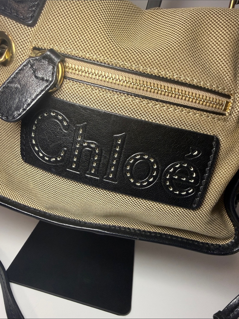 Chloé Canvas & Black Leather Satchel Crossbody Bag Gold Hardware - Picture 3 of 13
